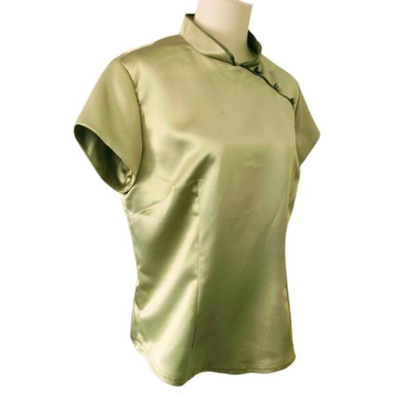 Asian Satin Blouse XL Top Office Siren Geisha Mandarin Collar Chartreuse Vintage - Picture 6 of 16